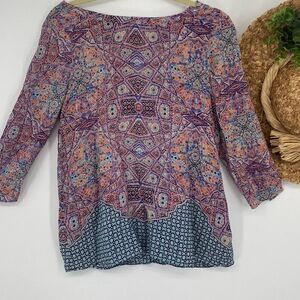 Anthropologie Sidney Maeve Silk Printed‎ 3/4 Sleeve Button Back Tunic Blouse 6